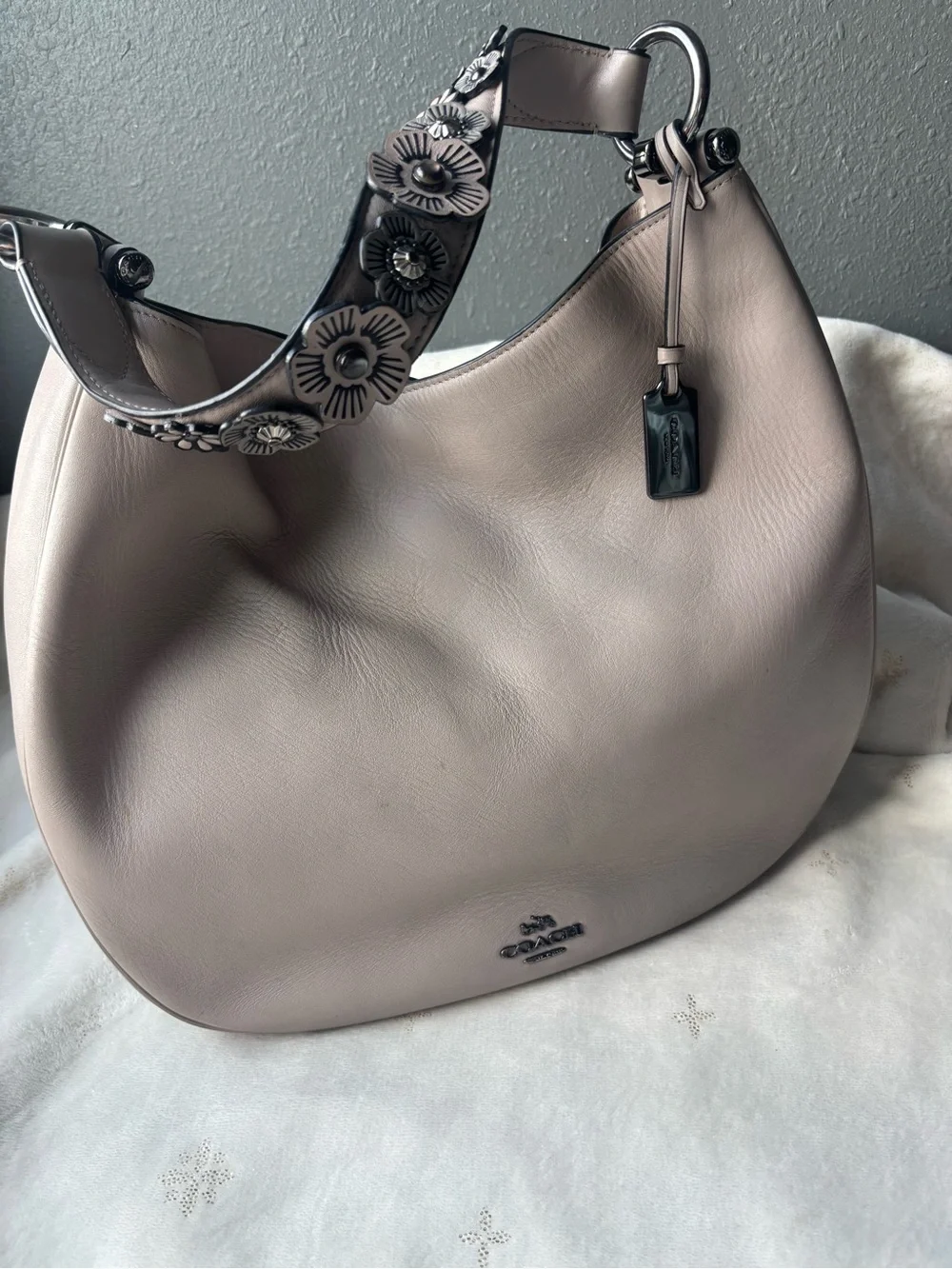 Coach Hobo Shoulder Bag in Pale Gray/Beige with Floral Accent Strap
